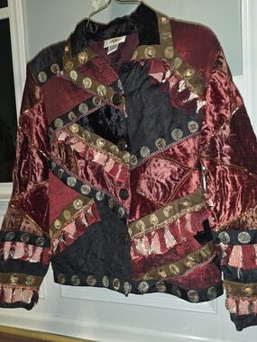 Sandy Starkman Black Boho Patchwork Velvet Jacket - Red & Black, Small